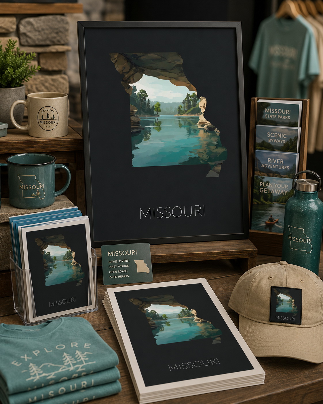 Missouri state artwork applied to postcards, prints, mug, bottle, cap and tourism merchandise