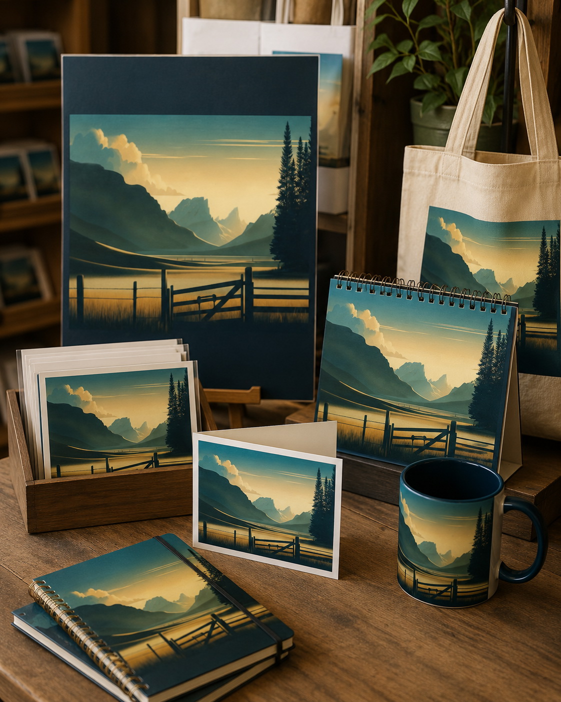 Montana landscape artwork applied to tote bag, calendar, mug, cards, notebook and gift merchandise