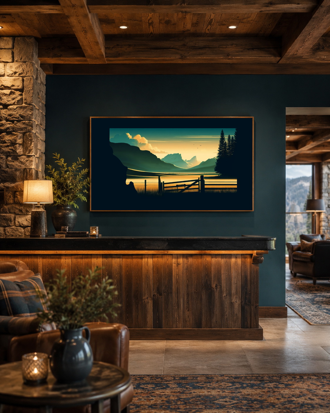 Montana state artwork displayed in a rustic lodge or hospitality reception interior