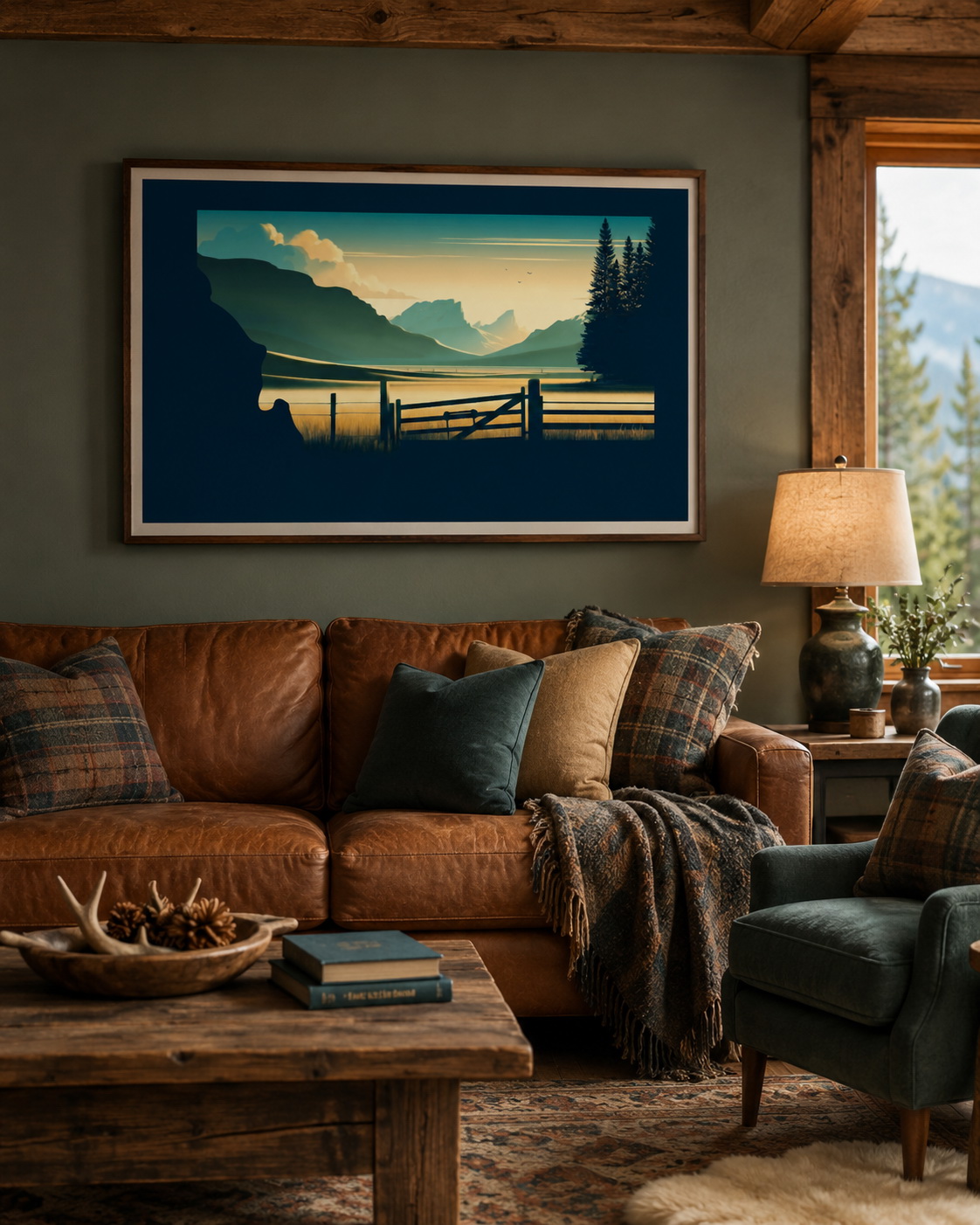 Montana state artwork displayed as framed mountain and ranch wall art in a warm rustic home interior