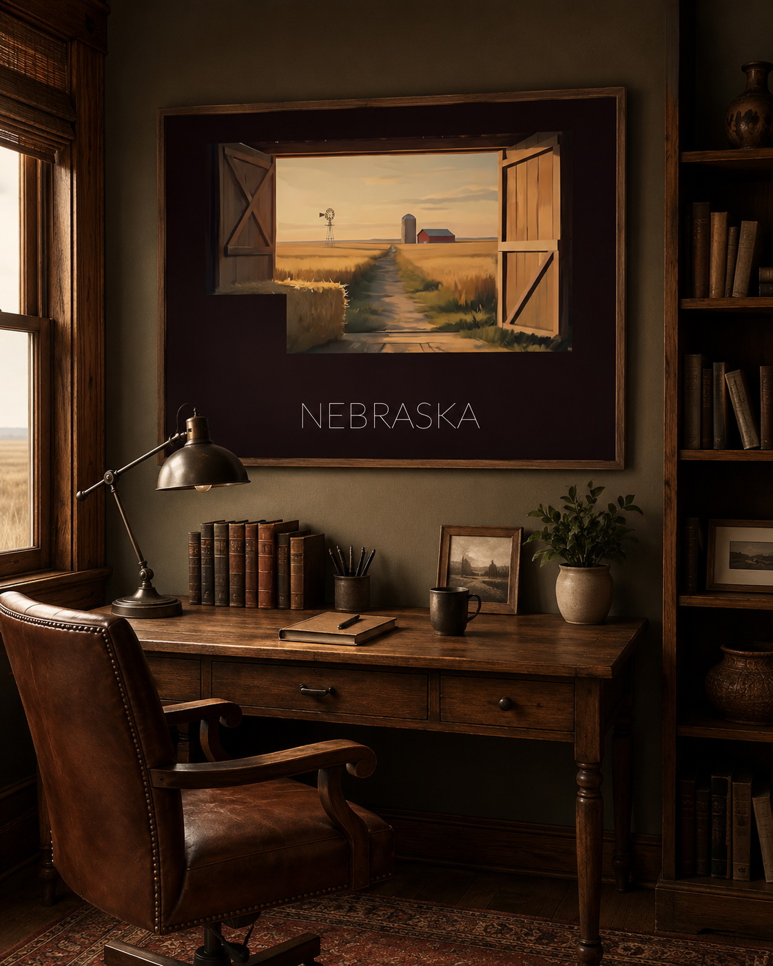 Nebraska state artwork displayed in a traditional office or study interior with prairie-inspired decor