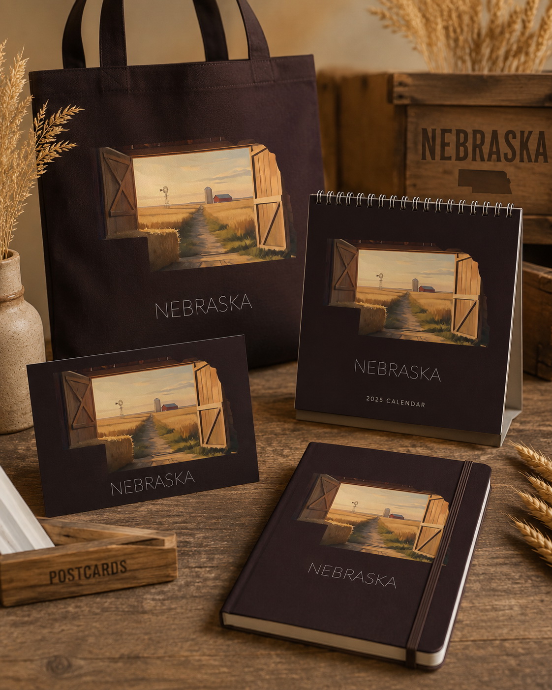Nebraska state artwork applied to tote bag, calendar, notebook, cards and postcard merchandise