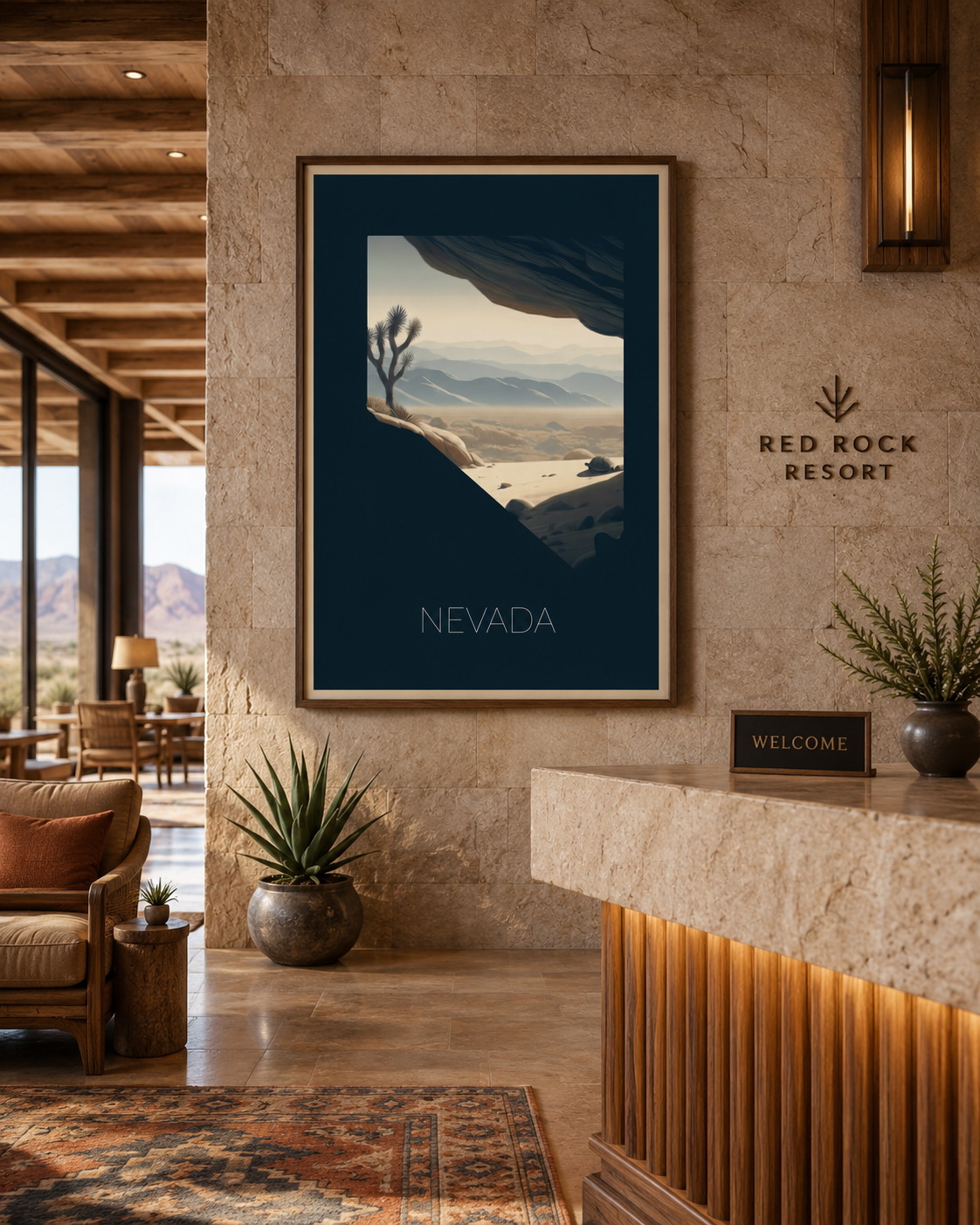 Nevada state artwork displayed in a boutique resort or hospitality reception interior