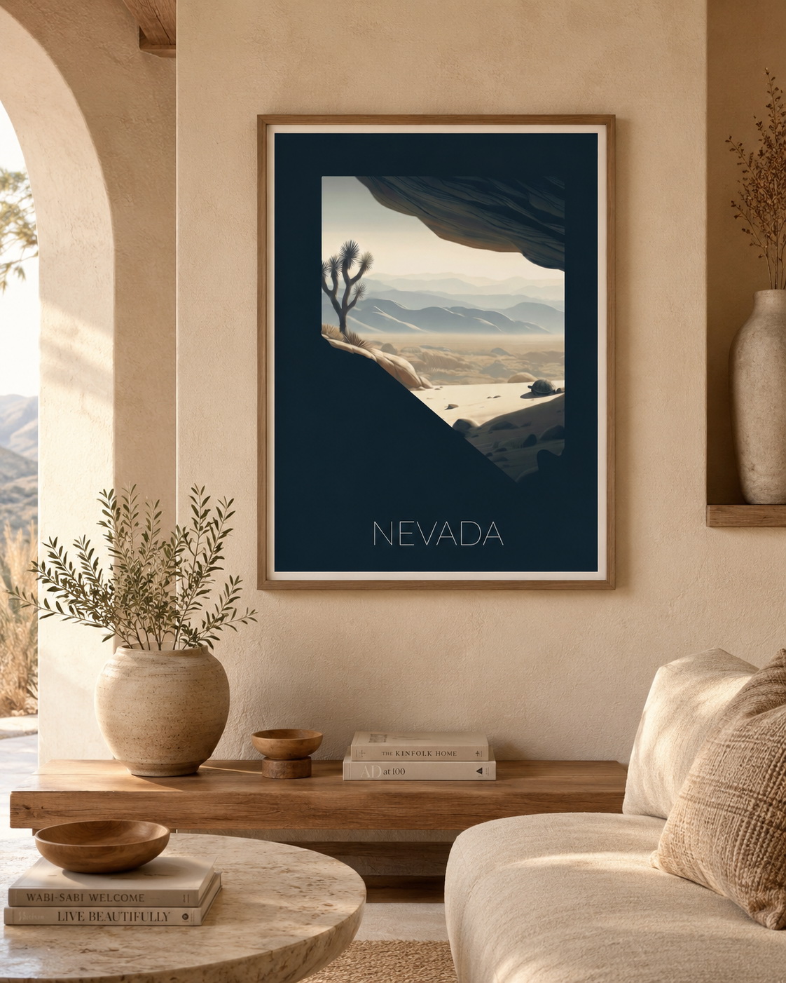 Nevada state artwork displayed on tote bag, notebook, cards and mug in a gift collection