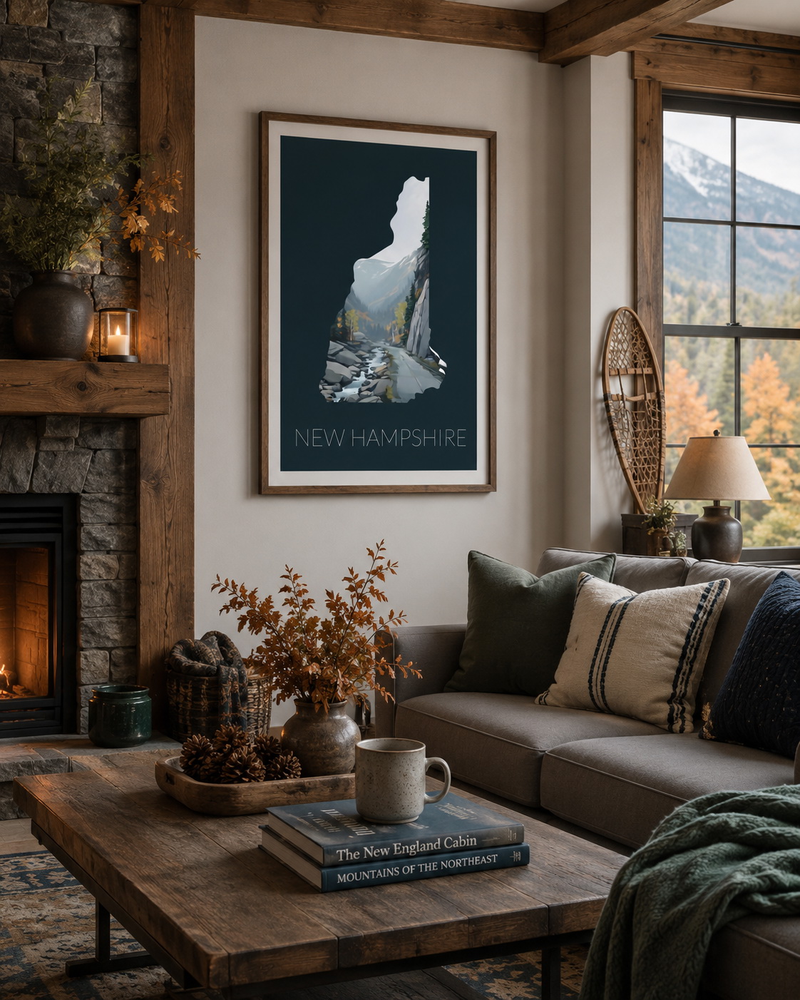 New Hampshire state artwork displayed in a warm mountain cabin living room interior