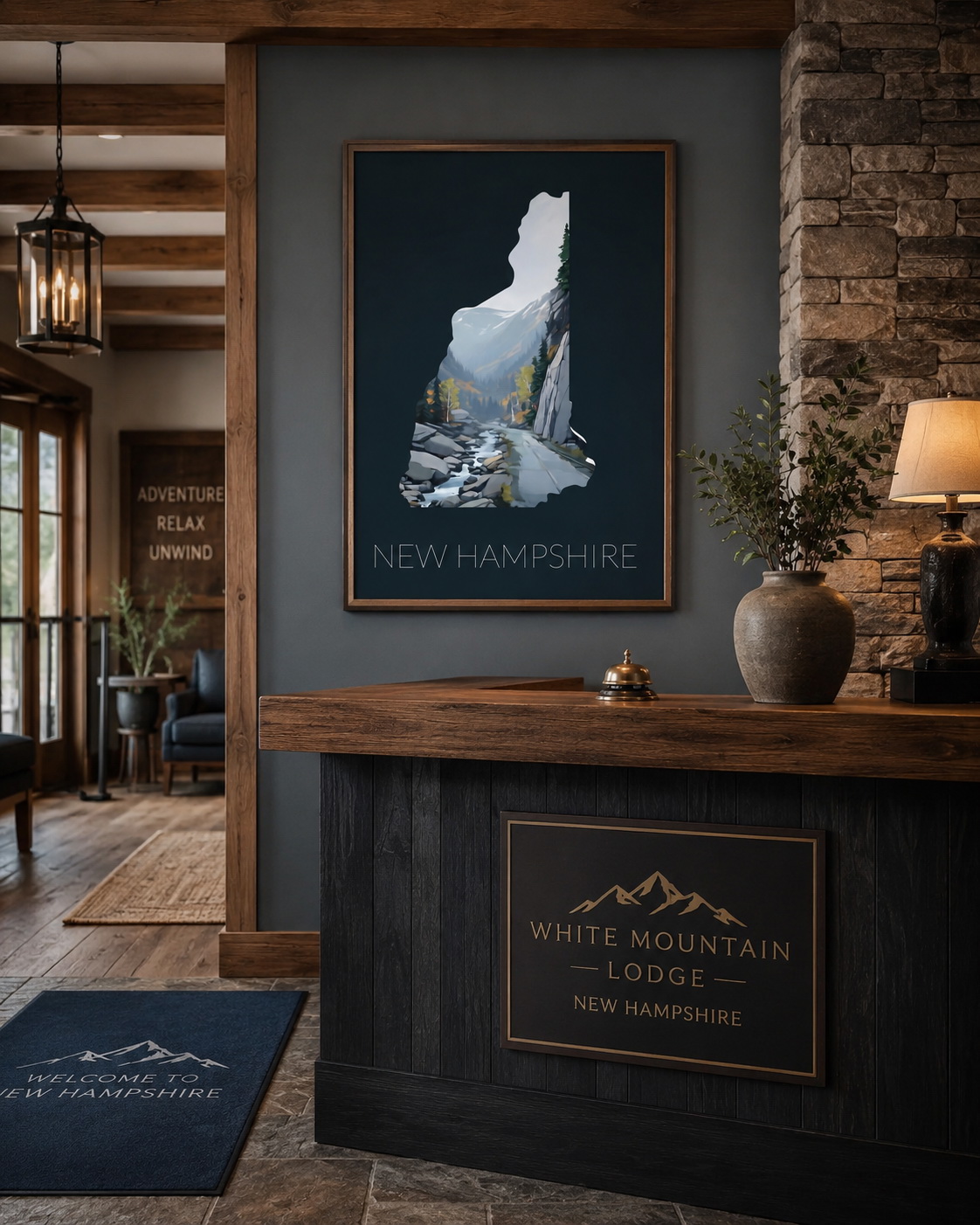 New Hampshire state artwork displayed in a rustic lodge or hotel reception interior