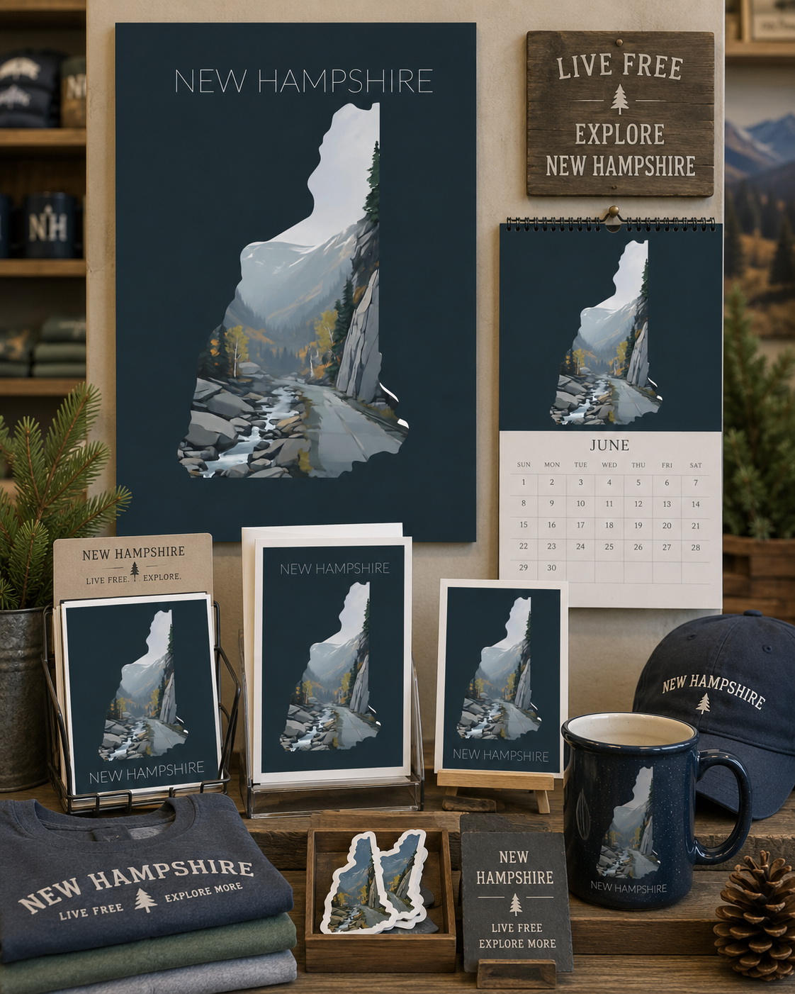 New Hampshire state artwork applied to posters, calendar, prints, stickers, apparel, mug and cap in a merchandise display