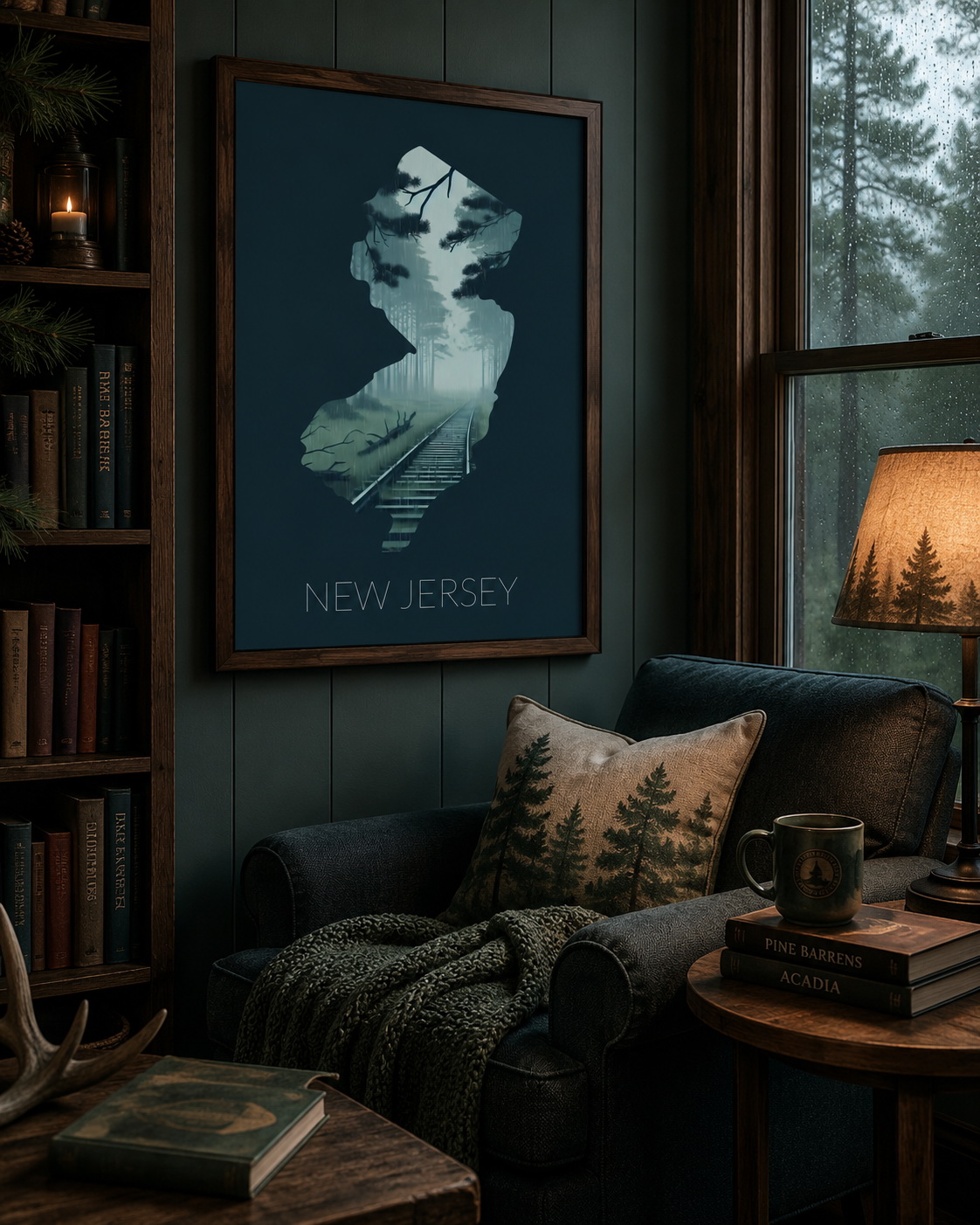New Jersey state artwork displayed as framed Pine Barrens wall art in a dark cozy home interior