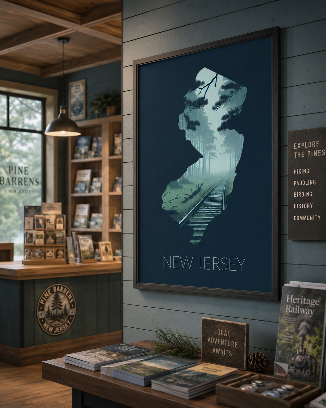 New Jersey state artwork displayed in a Pine Barrens visitor center or heritage tourism interior