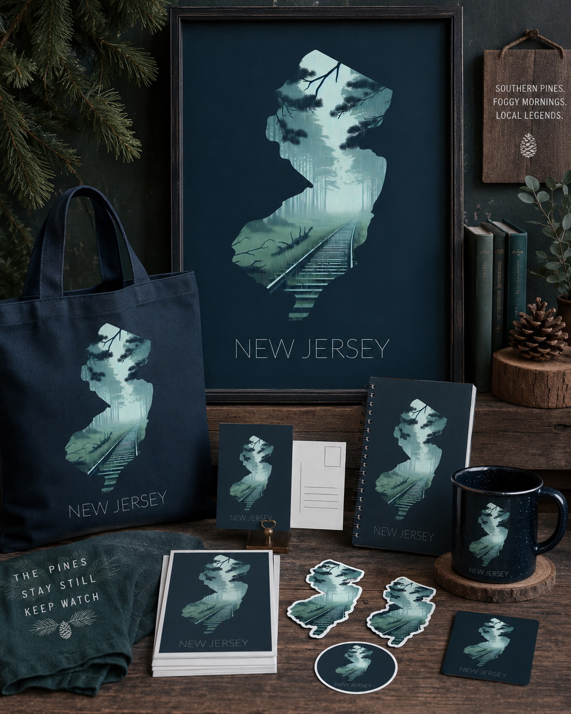 New Jersey state artwork applied to tote bag, notebook, mug, postcards, stickers and gift merchandise