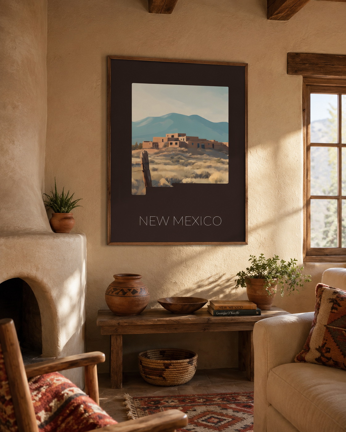 New Mexico state artwork displayed as framed Southwestern wall art in a warm adobe home interior