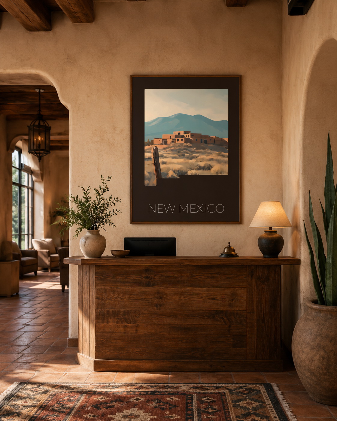 New Mexico state artwork displayed above a reception desk in a warm adobe hospitality interior