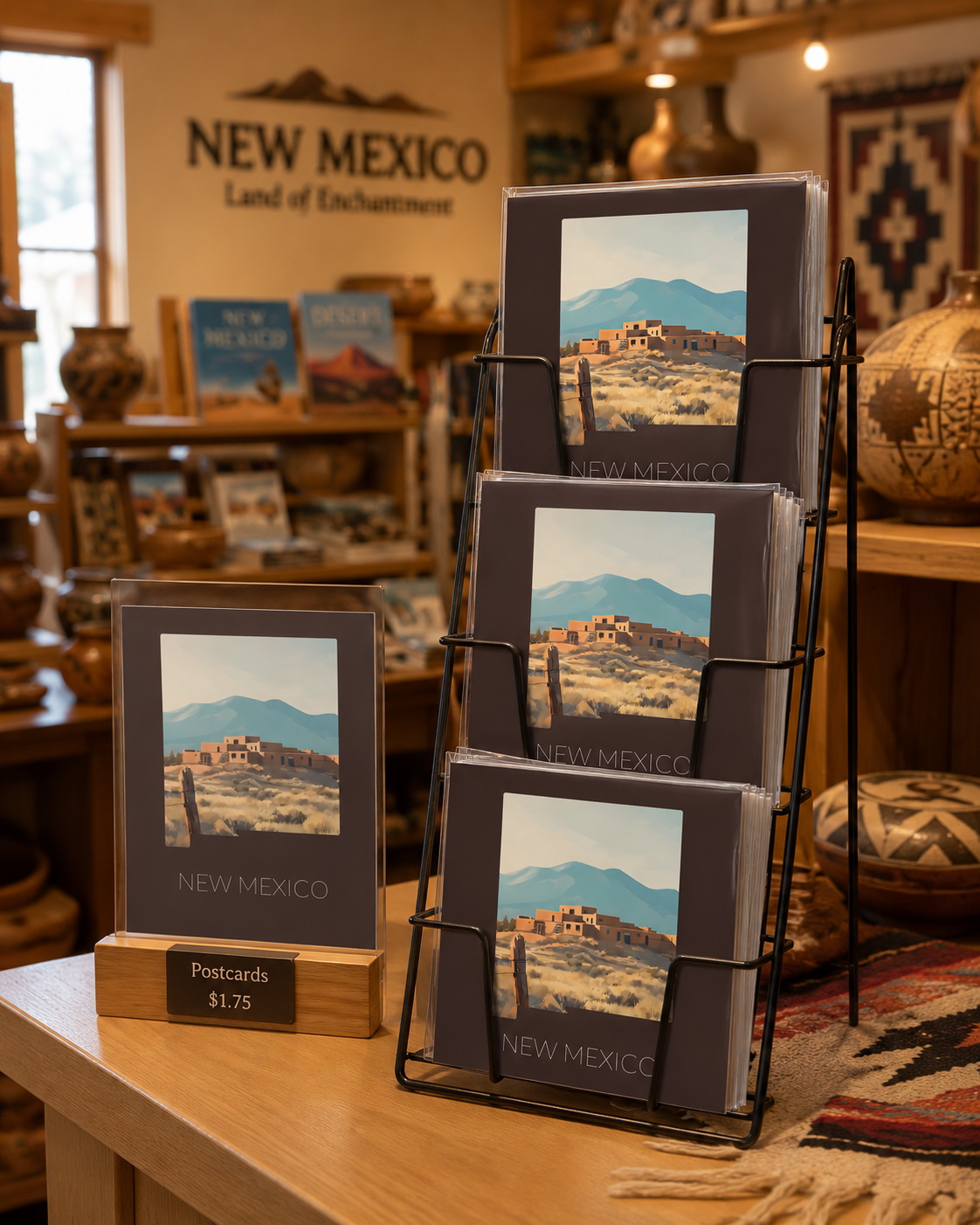 New Mexico state artwork shown as postcards in a Southwestern gift shop display