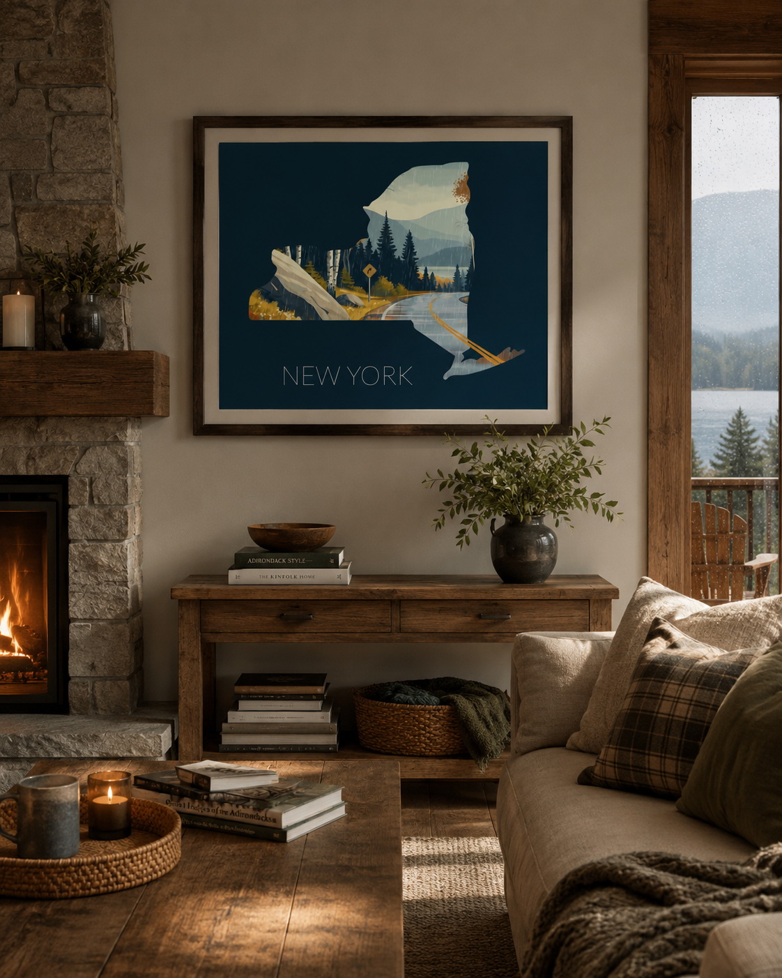 New York state artwork displayed as framed wall art in a cozy mountain-style living room