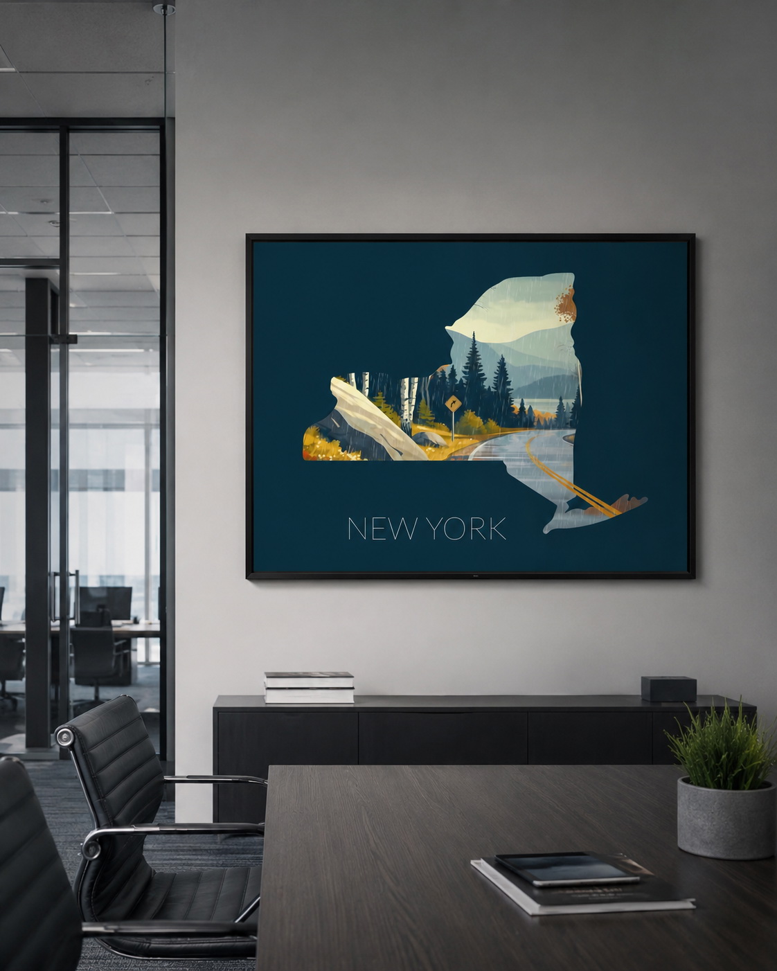 New York state artwork shown as postcards in a rustic Adirondack-style gift shop display