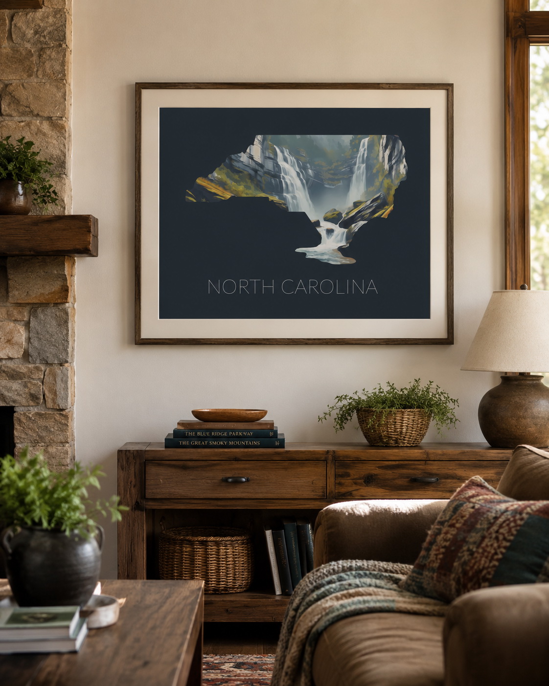North Carolina state artwork displayed as framed wall art in a cozy home interior