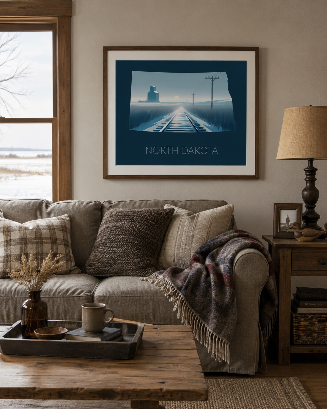 North Dakota state artwork applied to mug, apparel, notebook, postcards and framed print merchandise