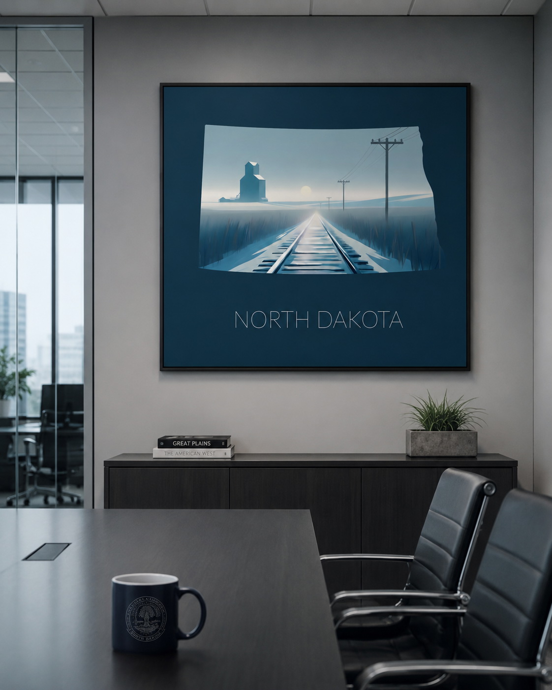 North Dakota state artwork displayed as framed Great Plains wall art in a clean modern office interior