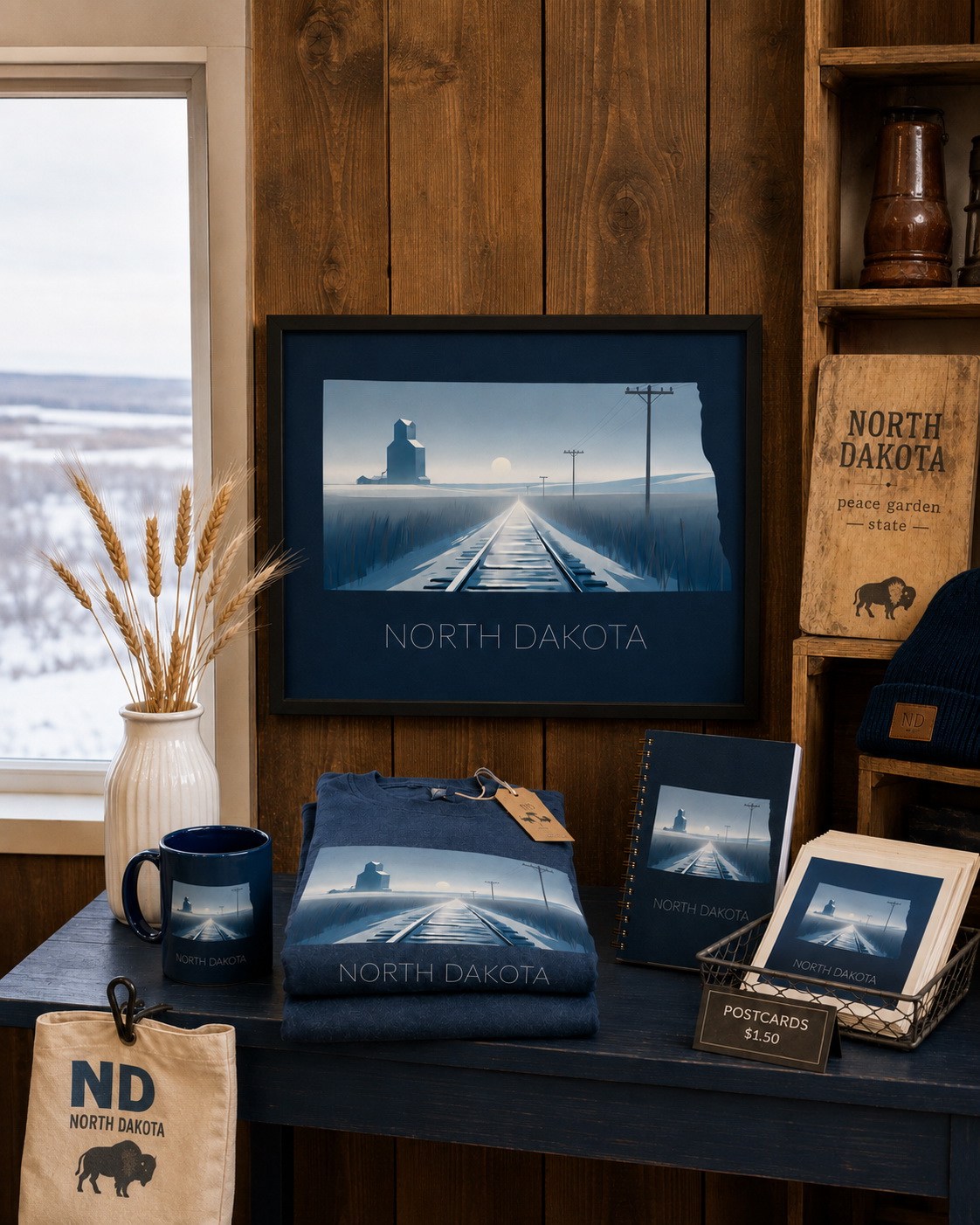 North Dakota state artwork framed in a cozy rustic home interior with prairie-inspired decor