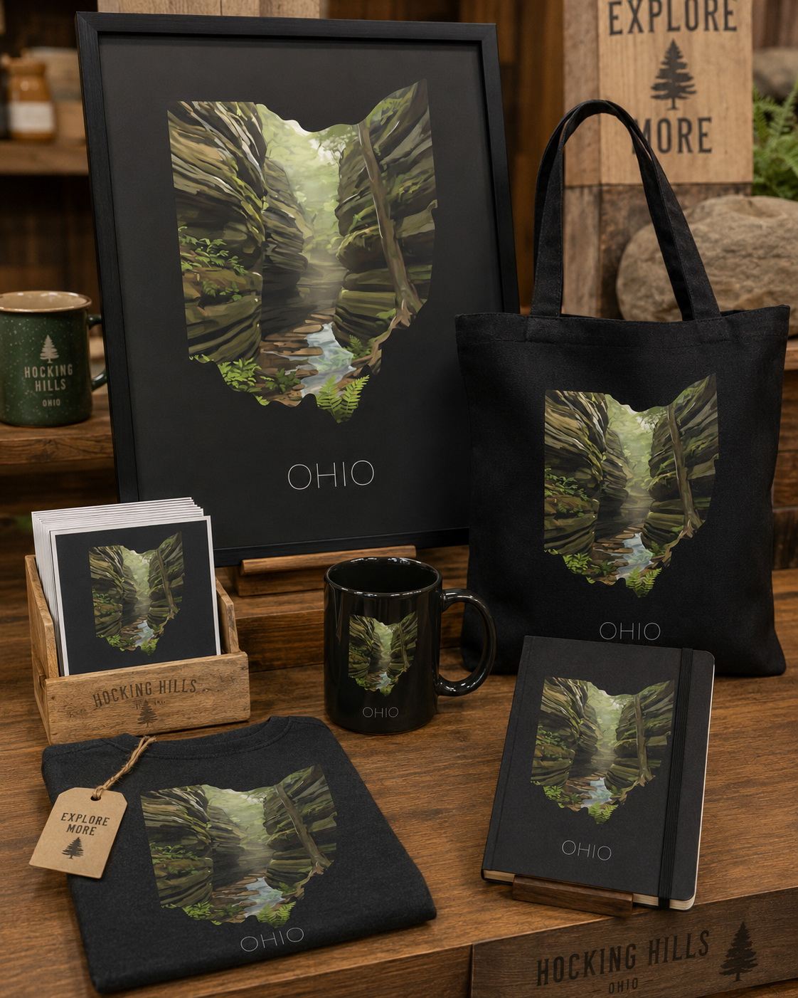 Ohio state artwork displayed as framed Hocking Hills inspired forest wall art in a warm home interior