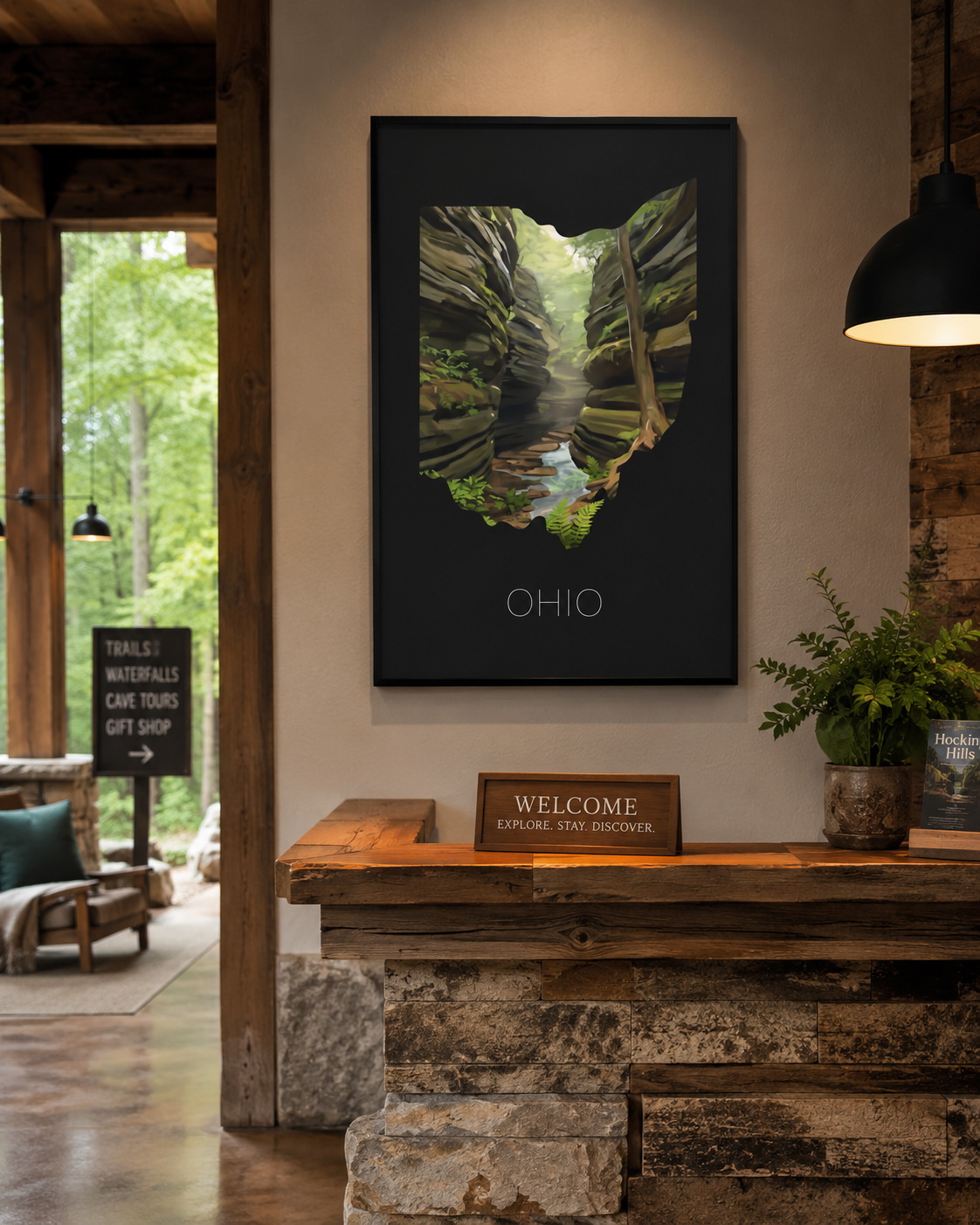 Ohio state artwork displayed in a rustic lodge or visitor center interior inspired by Hocking Hills