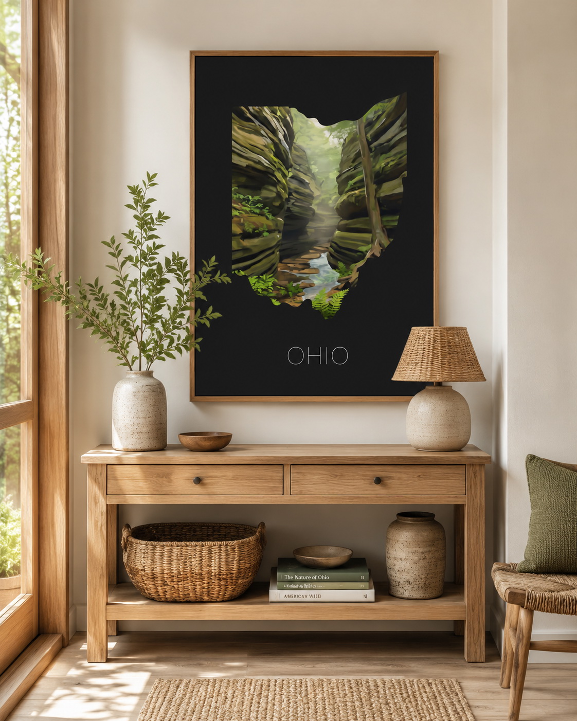 Ohio state artwork applied to tote bag, mug, shirt, notebook, postcards and framed print merchandise