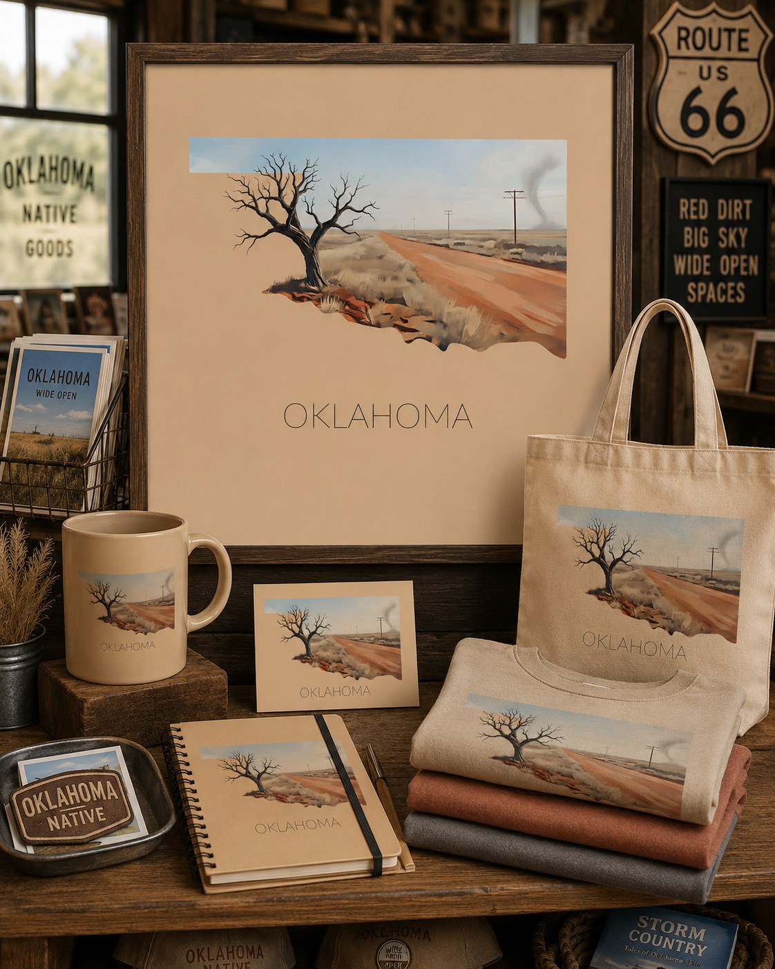 Oklahoma state artwork applied to tote bag, mug, shirt, notebook, postcards and framed print merchandise