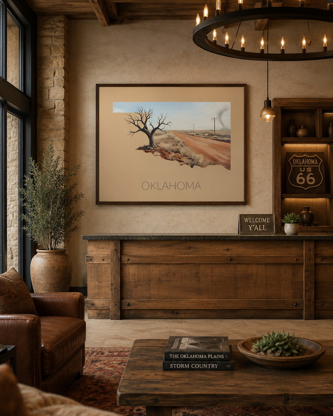 Oklahoma state artwork displayed in a rustic lodge, hotel or hospitality interior with Route 66 inspired decor