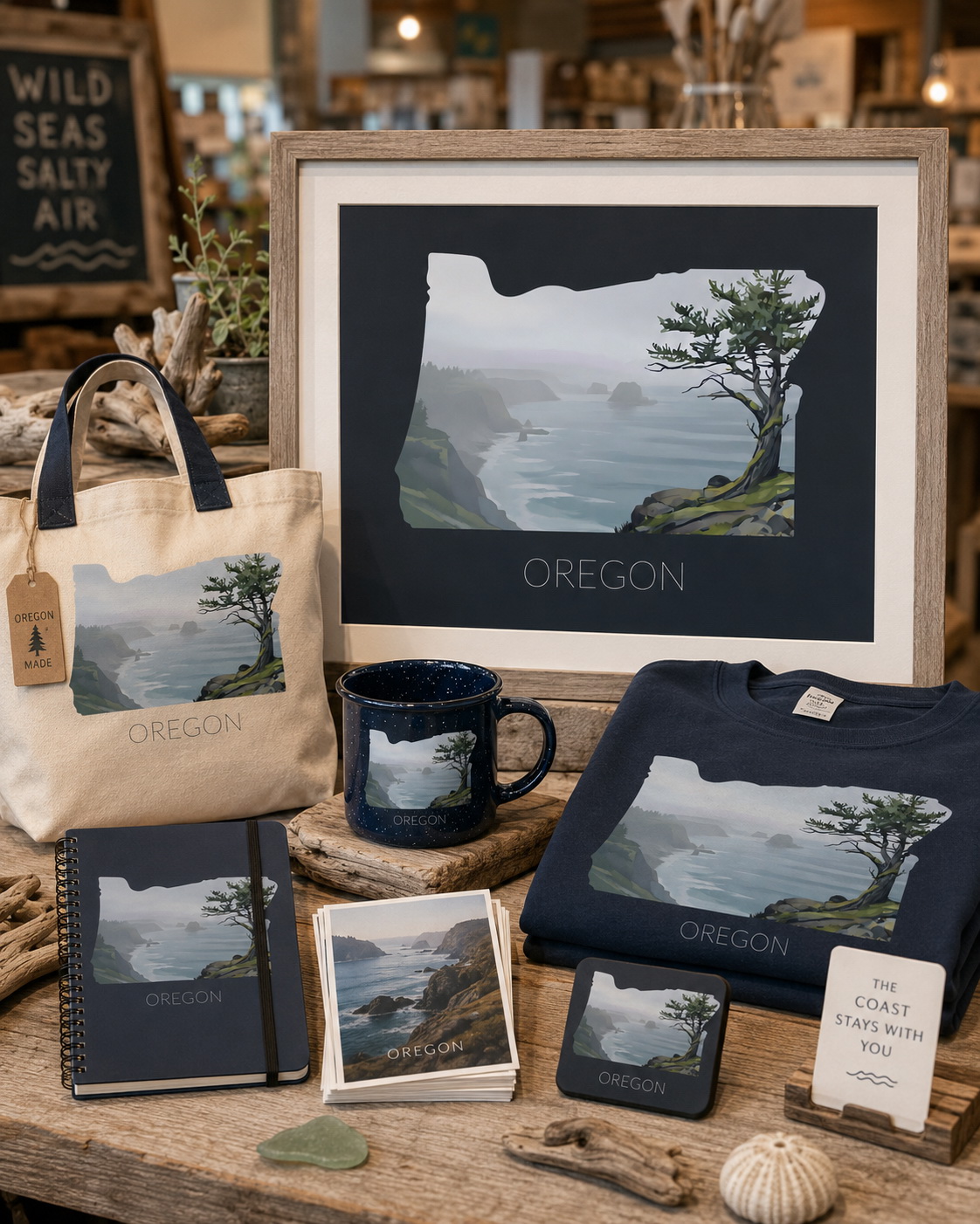 Oregon state artwork applied to tote bag, enamel mug, shirt, notebook, postcards and framed print merchandise