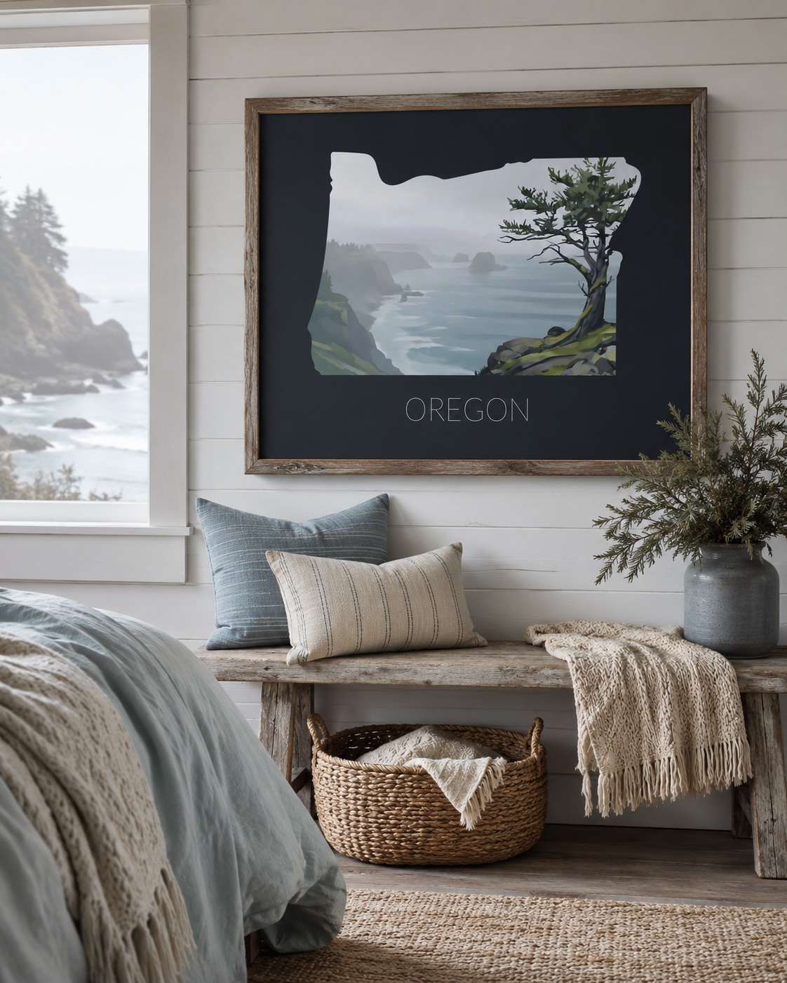 Oregon state artwork displayed as framed Pacific Coast wall art in a bright coastal bedroom interior