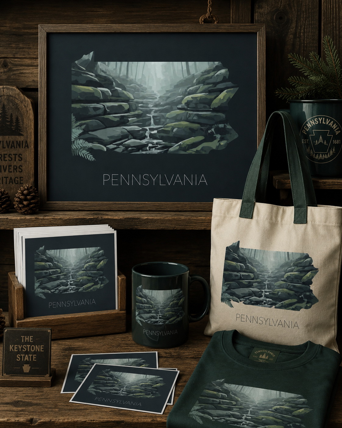 Pennsylvania state artwork applied to tote bag, mug, shirt, postcards and framed print merchandise
