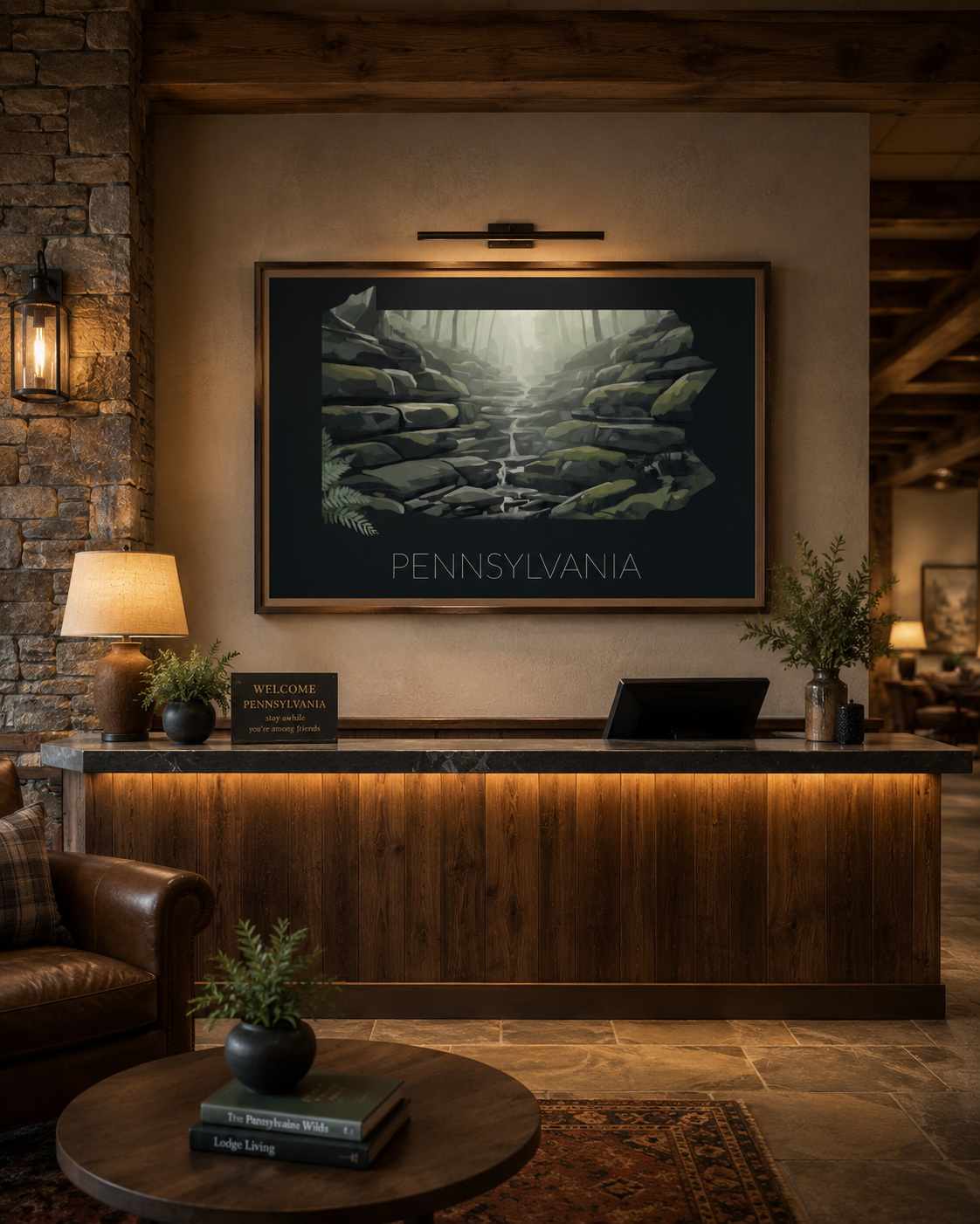 Pennsylvania state artwork displayed as framed Appalachian forest wall art in a rustic lodge or hospitality reception interior