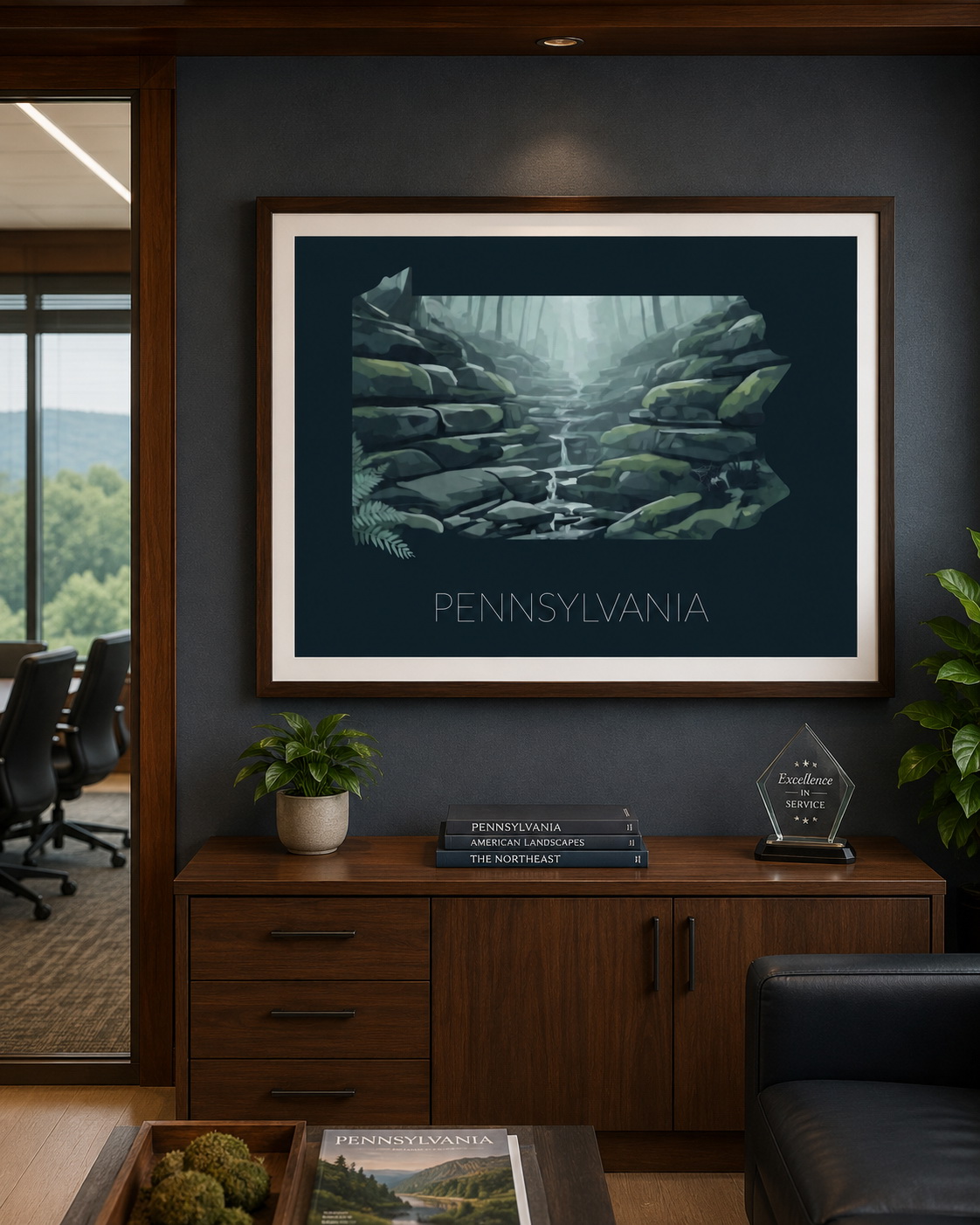 Pennsylvania state artwork displayed as framed nature wall art in a professional office interior