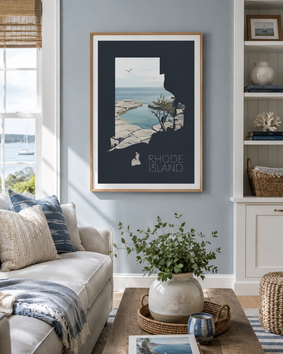 Rhode Island state artwork displayed as framed coastal wall art in a bright blue and neutral home interior