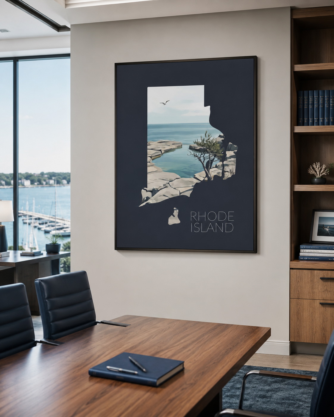 Rhode Island state artwork displayed in a refined coastal office or professional meeting room interior