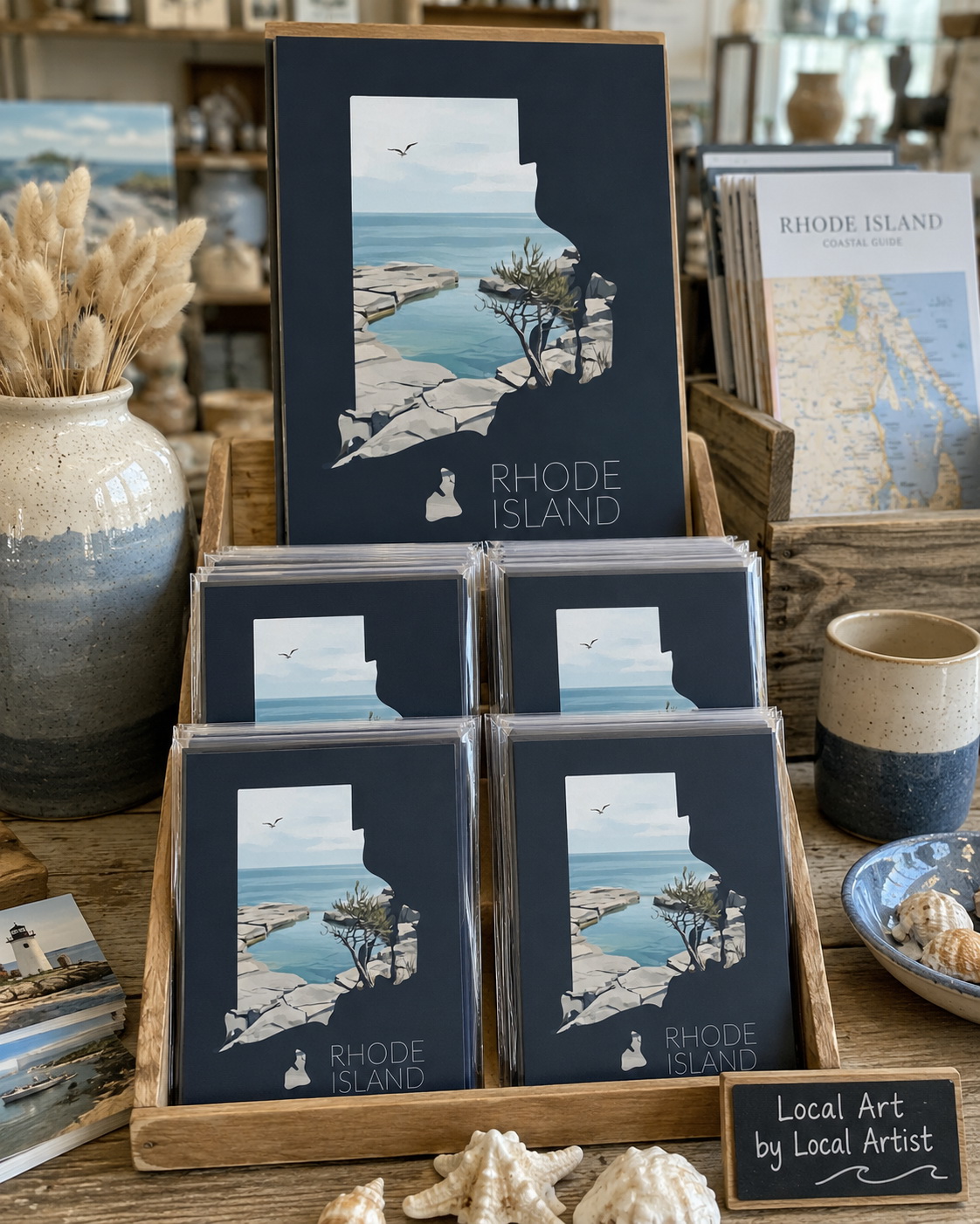 Rhode Island state artwork displayed as prints and postcards in a coastal gift shop merchandise setting