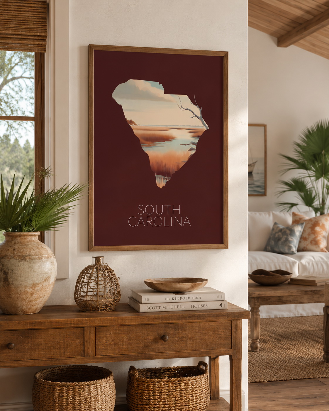 South Carolina state artwork displayed as framed Lowcountry wall art in a warm coastal home interior