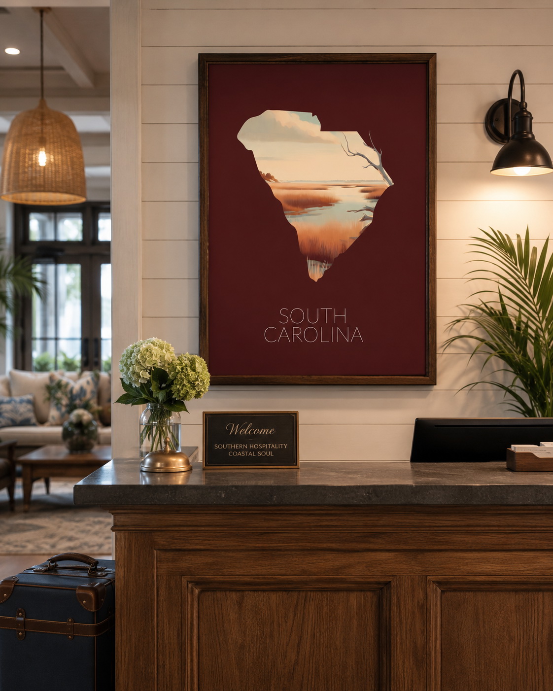 South Carolina state artwork displayed in a refined coastal hospitality or hotel reception interior