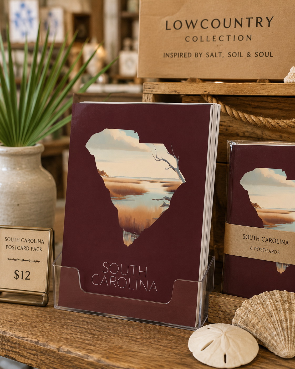 South Carolina state artwork applied to postcard packs and Lowcountry-themed retail merchandise display