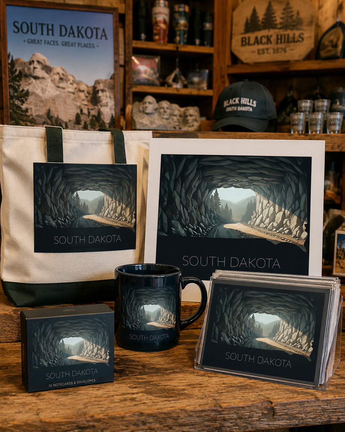 South Dakota state artwork applied to tote bag, mug, note cards and framed print merchandise in a regional gift shop