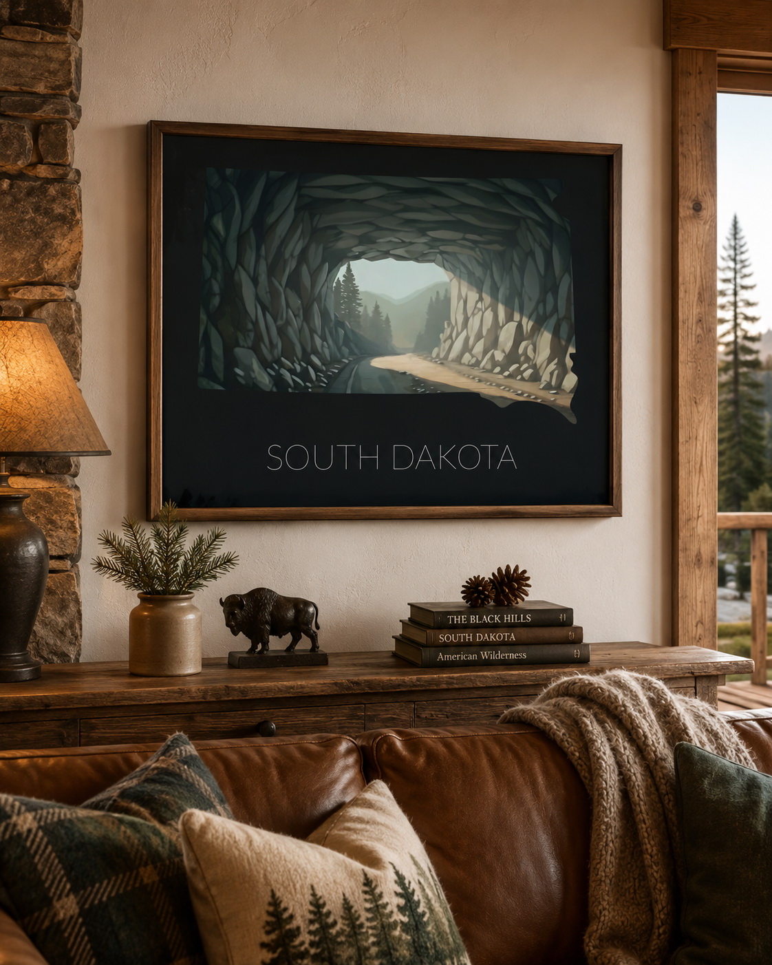 South Dakota state artwork displayed as framed Black Hills wall art in a warm rustic home interior