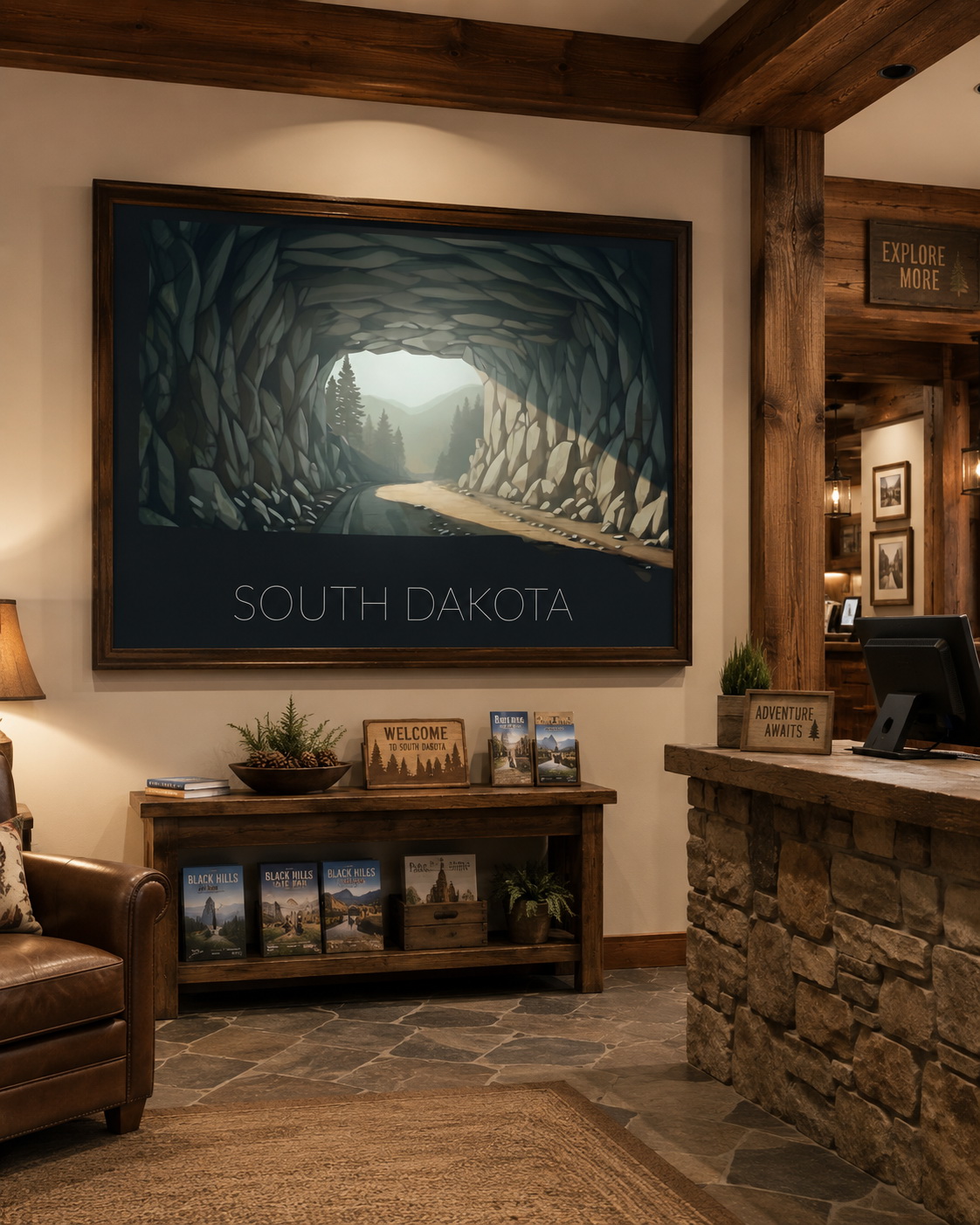 South Dakota state artwork displayed in a Black Hills lodge or visitor-center reception interior