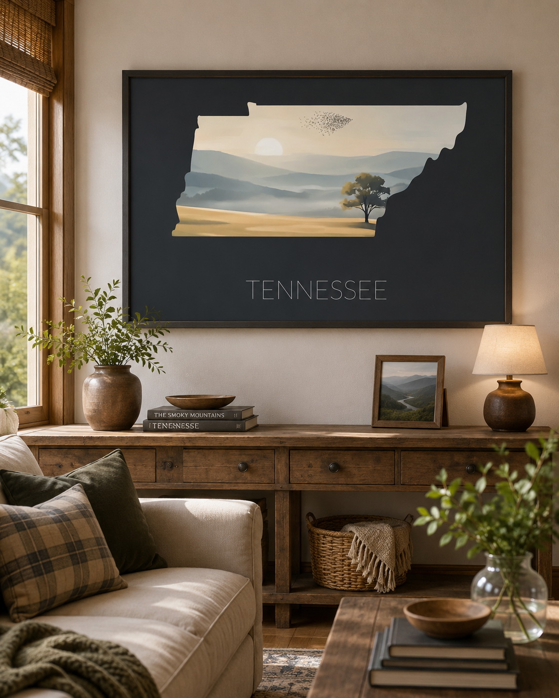 Tennessee state artwork displayed as framed Smoky Mountains wall art in a warm residential living room
