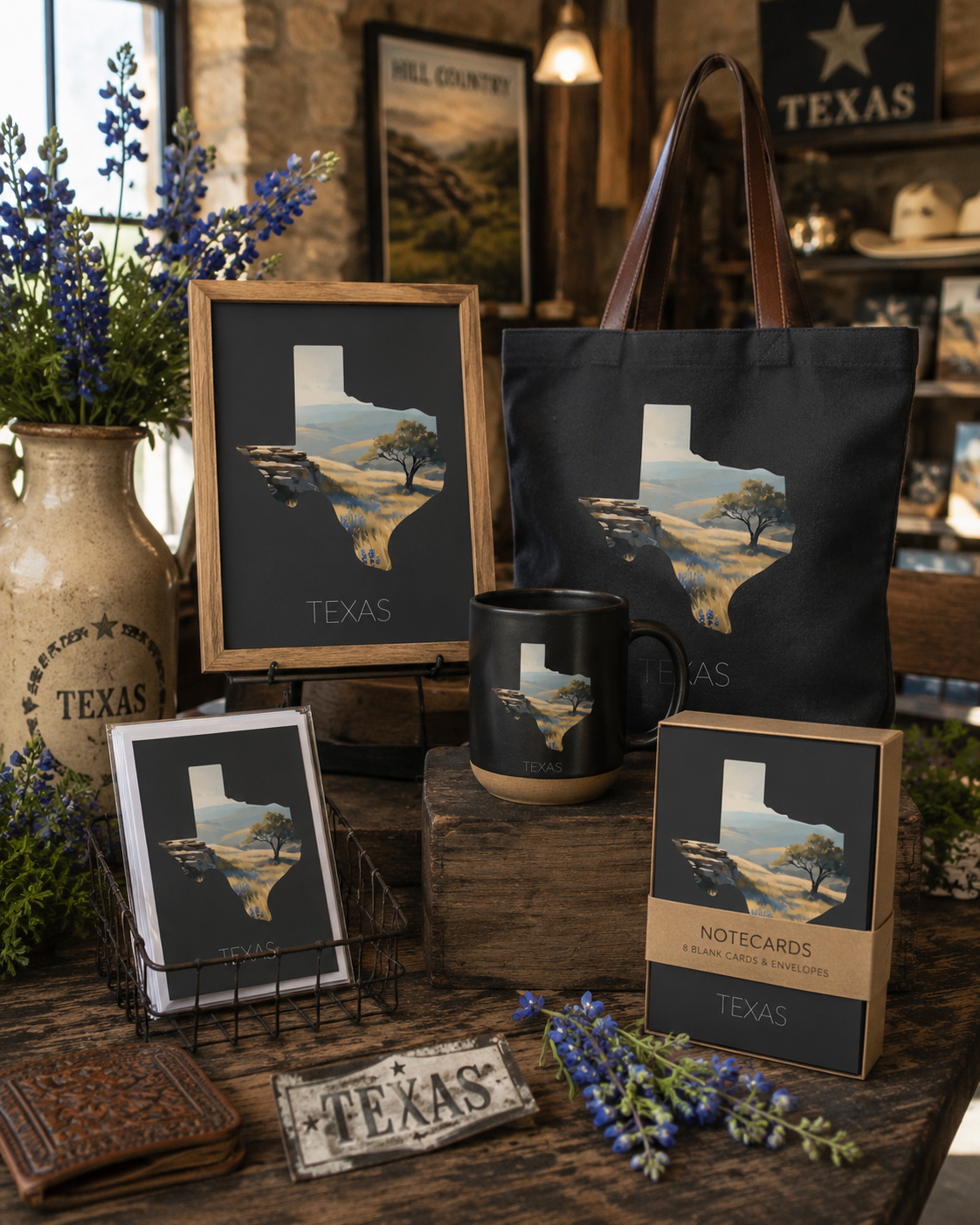 Texas state artwork applied to framed print, tote bag, mug, postcards and note card merchandise