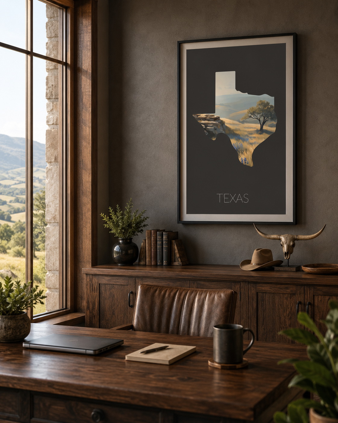 Texas state artwork displayed as regional landscape wall art in a refined office interior