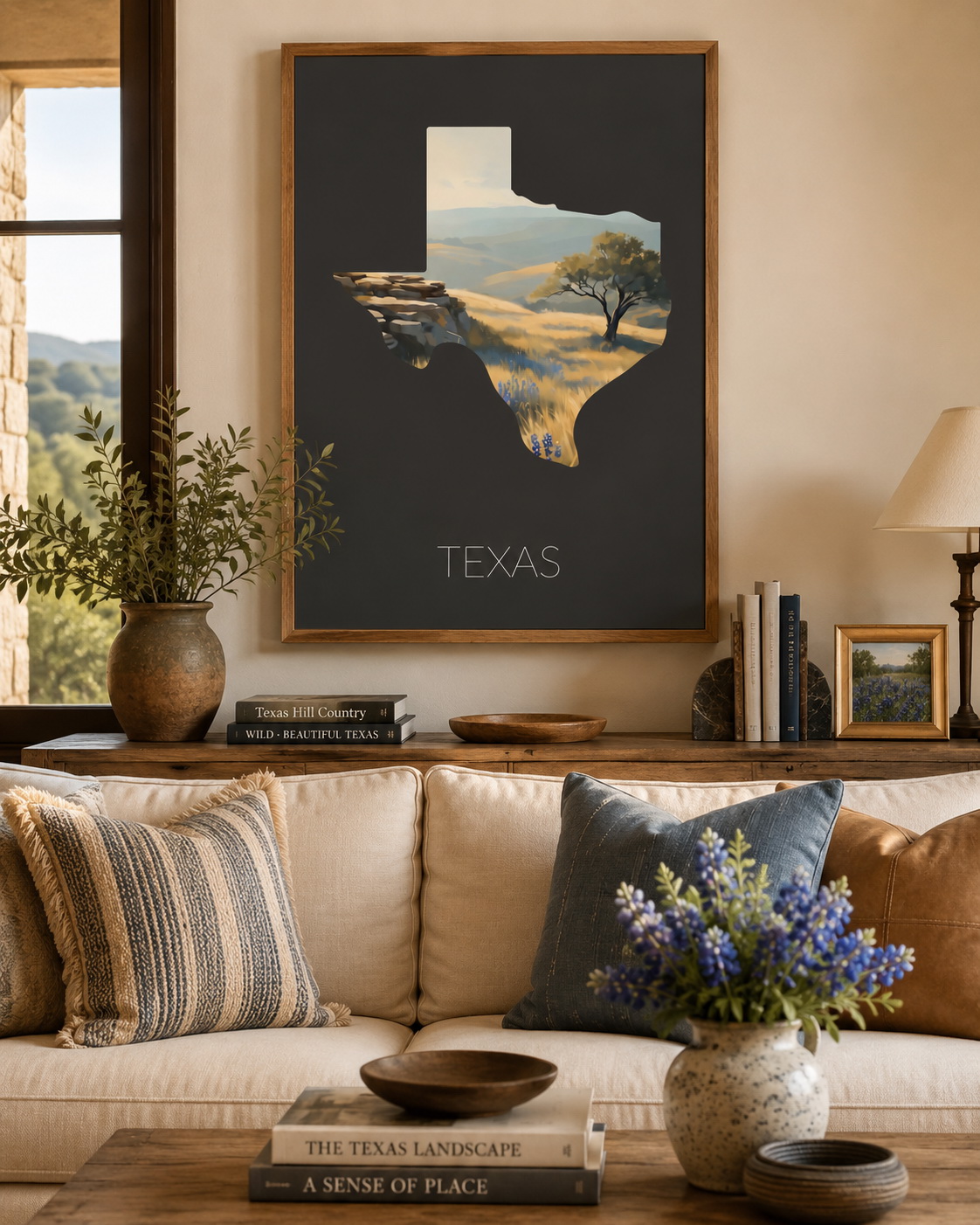 Texas state artwork displayed as framed Hill Country wall art in a warm home interior