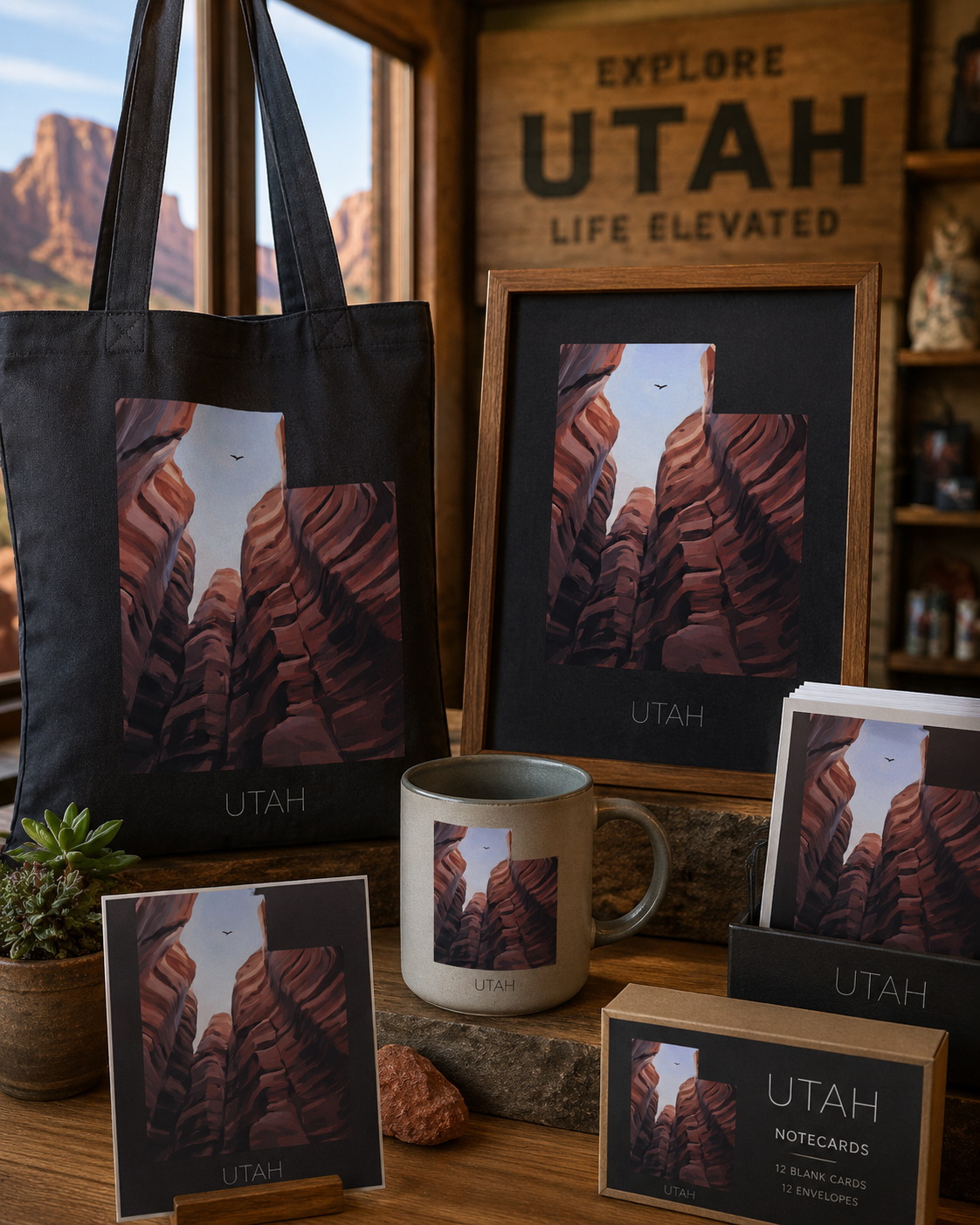 Utah state artwork applied to tote bag, mug, note cards and framed print merchandise