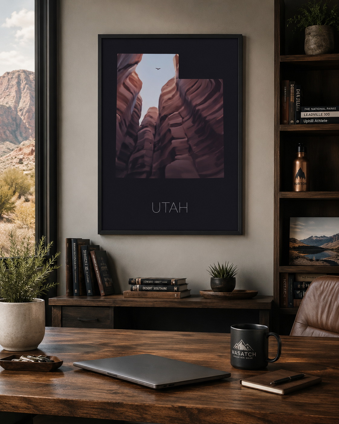 Utah state artwork displayed in a modern office with Southwest landscape styling