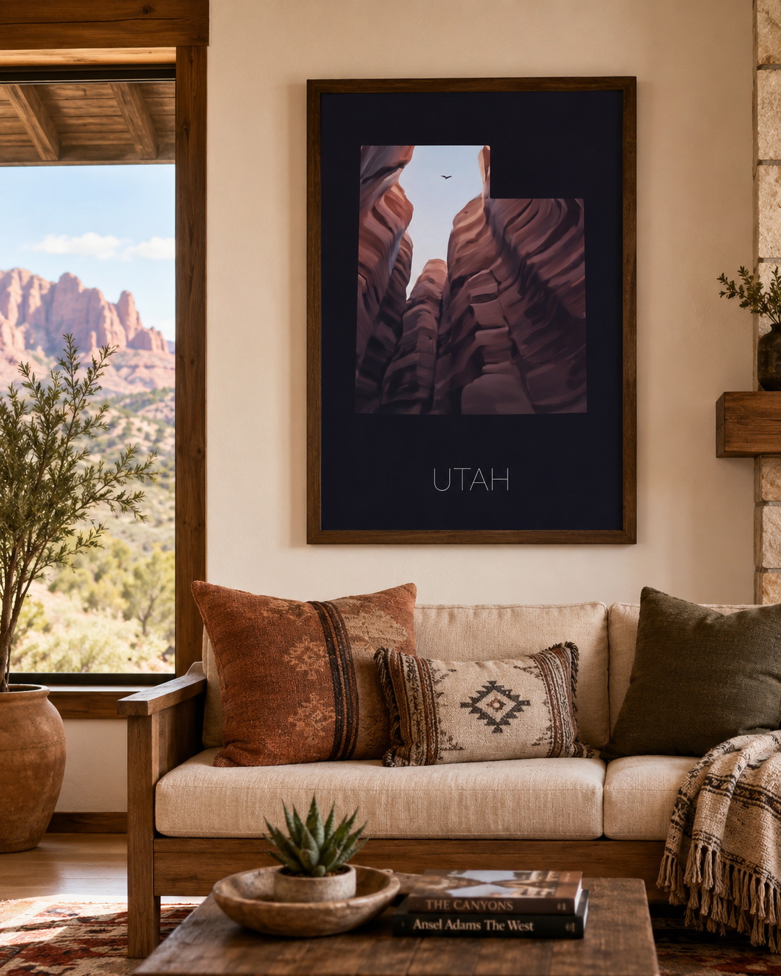 Utah state artwork framed in a warm desert-inspired residential interior