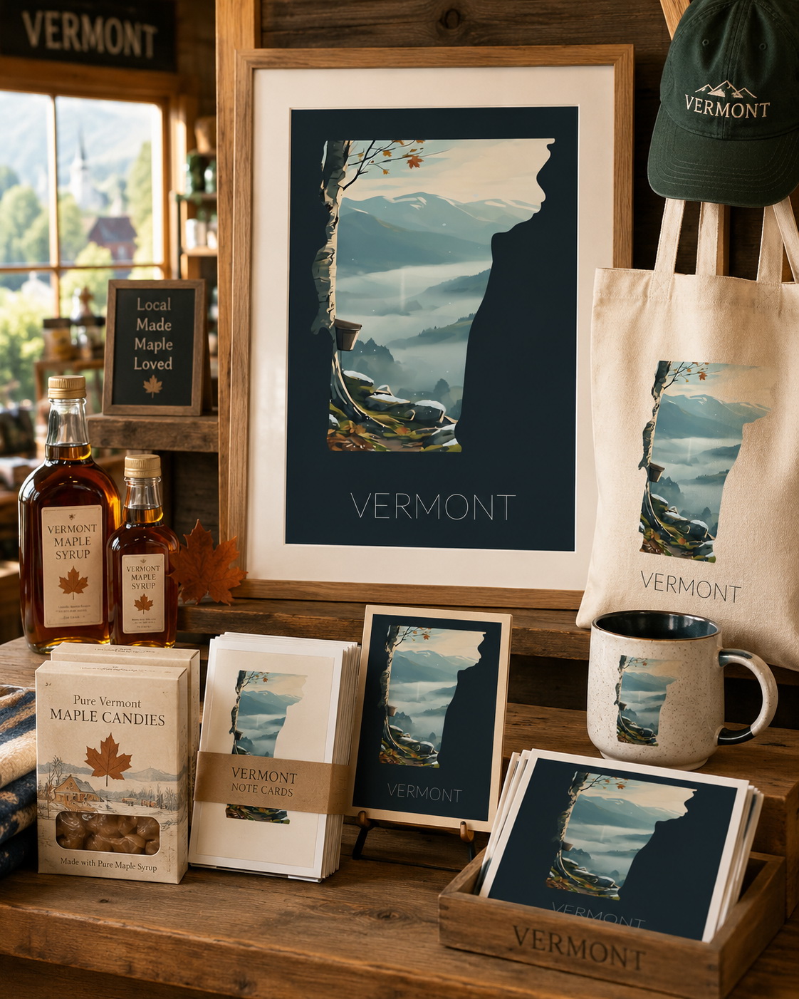 Vermont state artwork applied to framed print, note cards, tote bag and mug merchandise with maple retail styling
